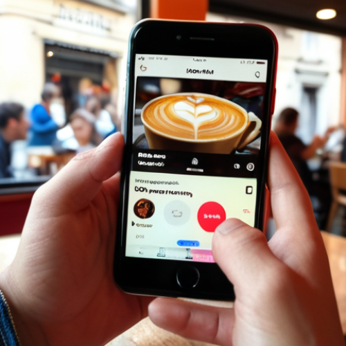 Home 6 **
A close-up shot of a music streaming app (like Spotify or Apple Music) on a smartphone screen. The screen shows a popular playlist titled "Hits del Momento" (Hits of the Moment) or similar, with a newly released song prominently displayed. Hands are holding the phone, and the background is blurred but suggests a trendy cafe in Milan. Focus on vibrant colors and a modern aesthetic.
**