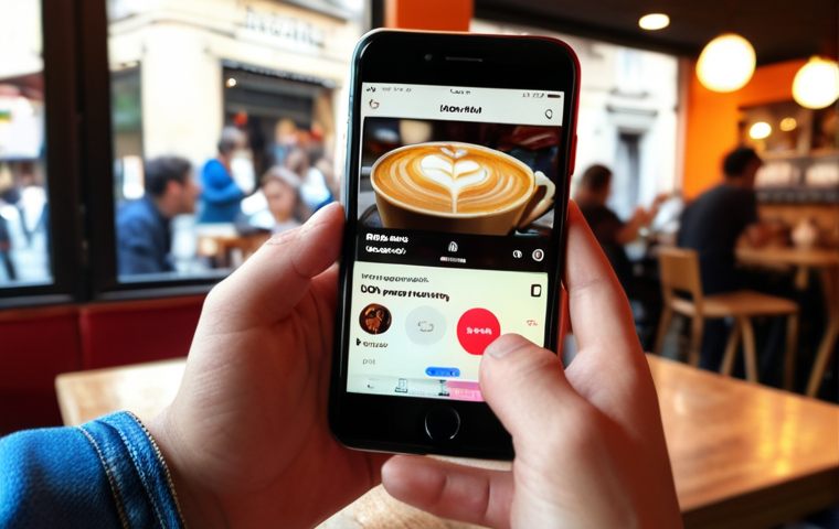 **
A close-up shot of a music streaming app (like Spotify or Apple Music) on a smartphone screen. The screen shows a popular playlist titled "Hits del Momento" (Hits of the Moment) or similar, with a newly released song prominently displayed. Hands are holding the phone, and the background is blurred but suggests a trendy cafe in Milan. Focus on vibrant colors and a modern aesthetic.
**