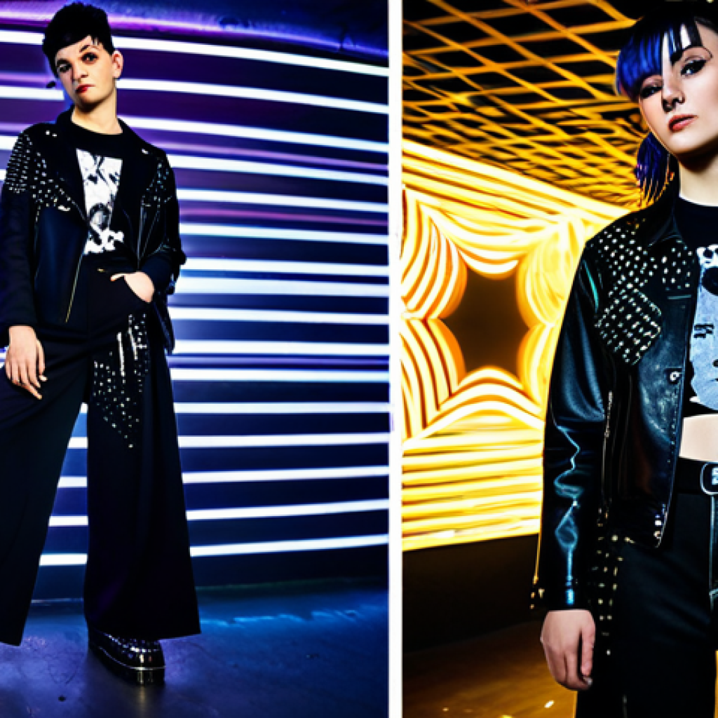 A person fully clothed in a unique fashion blend of punk and disco aesthetics, featuring a dark jacket adorned with subtle metallic studs, paired with wide-leg trousers in a shimmering fabric. They wear platform shoes with a modest sparkle, and a ripped-style graphic t-shirt under the jacket. Their hair is styled in an unconventional yet neat manner. The subject is standing confidently in a dimly lit underground club, with soft disco lights casting abstract patterns on the walls. Natural pose, perfect anatomy, correct proportions, well-formed hands, proper finger count, natural body proportions, professional photography, high quality, safe for work, appropriate content, fully clothed, modest, family-friendly.