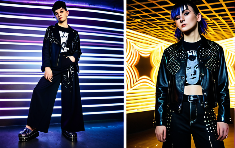 A person fully clothed in a unique fashion blend of punk and disco aesthetics, featuring a dark jacket adorned with subtle metallic studs, paired with wide-leg trousers in a shimmering fabric. They wear platform shoes with a modest sparkle, and a ripped-style graphic t-shirt under the jacket. Their hair is styled in an unconventional yet neat manner. The subject is standing confidently in a dimly lit underground club, with soft disco lights casting abstract patterns on the walls. Natural pose, perfect anatomy, correct proportions, well-formed hands, proper finger count, natural body proportions, professional photography, high quality, safe for work, appropriate content, fully clothed, modest, family-friendly.