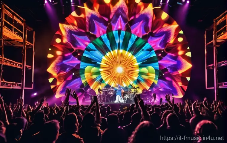 사이키델릭 록의 대표 아티스트와 곡 추천 - An abstract and ethereal depiction of sound waves transforming into a dreamlike landscape. Swirling,...