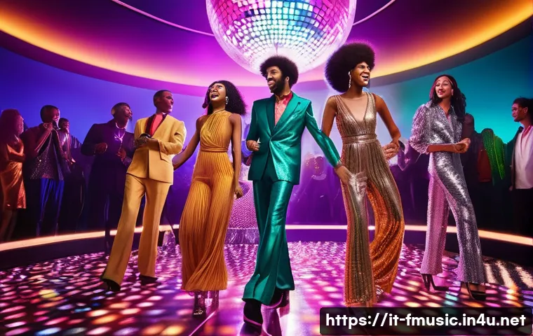 디스코 음악의 부활과 2020년대 대표곡 - **A vibrant, inclusive disco club scene from the 2020s.** Diverse people of all ages (young adults a...