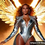 비욘세 Renaissance 앨범 수익과 판매량 - A full-shot of Beyoncé on stage during her "Renaissance World Tour," commanding attention with an el...