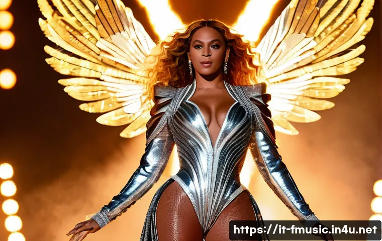 비욘세 Renaissance 앨범 수익과 판매량 - A full-shot of Beyoncé on stage during her "Renaissance World Tour," commanding attention with an el...