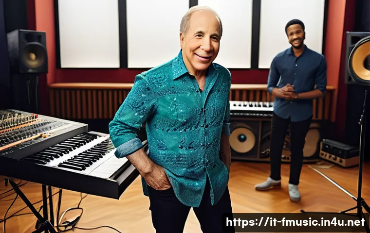 폴 사이먼의 Graceland 앨범 리마스터 과정 - **Vibrant Musical Fusion: Paul Simon and South African Artists in a Studio.**
    A highly detailed,...