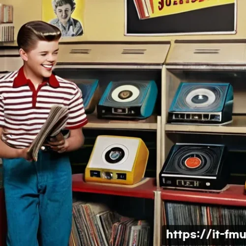 빌보드 핫100의 역사와 차트 1위 기록 - **Prompt:** A vibrant, nostalgic scene inside a 1950s American record store. A young, clean-cut teen...