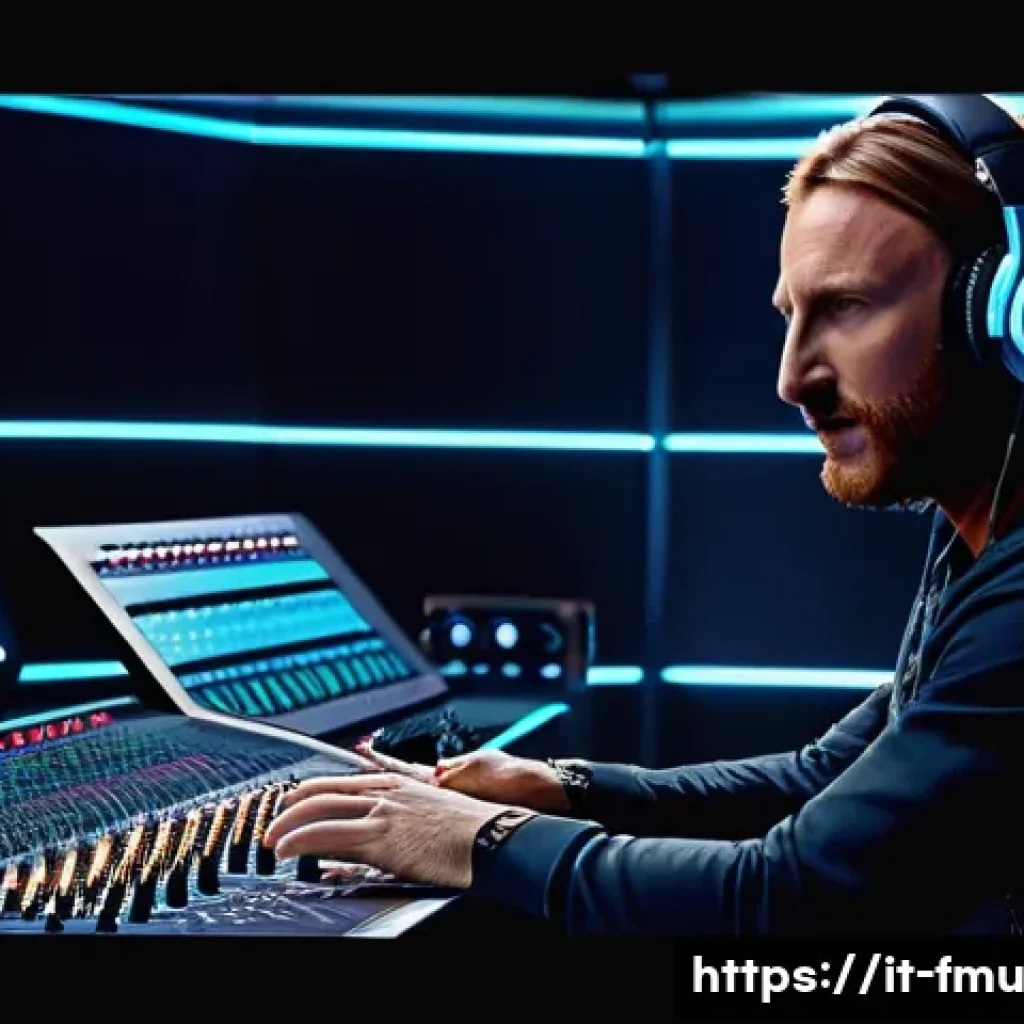 데이빗 게타 Titanium 곡 제작 비하인드 - A dynamic studio scene showing David Guetta and Sia collaborating on the production of "Titanium." T...