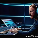 Home 22 데이빗 게타 Titanium 곡 제작 비하인드 - A dynamic studio scene showing David Guetta and Sia collaborating on the production of "Titanium." T...