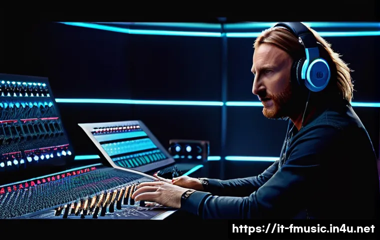 데이빗 게타 Titanium 곡 제작 비하인드 - A dynamic studio scene showing David Guetta and Sia collaborating on the production of "Titanium." T...