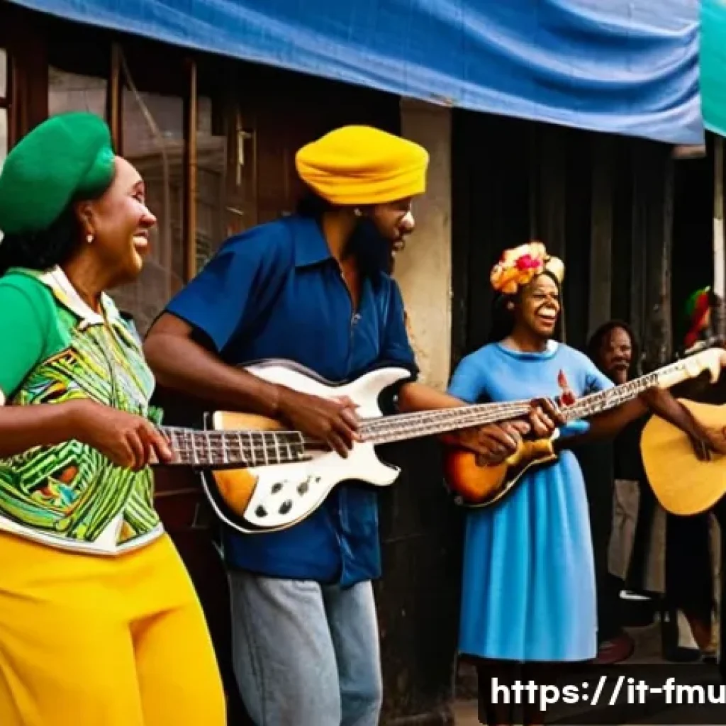 레게 음악의 기원과 보브 말리의 영향 - A vibrant Jamaican street scene in the 1960s capturing the cultural roots of reggae music: lively pe...
