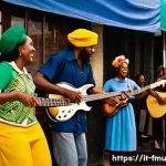 Home 20 레게 음악의 기원과 보브 말리의 영향 - A vibrant Jamaican street scene in the 1960s capturing the cultural roots of reggae music: lively pe...