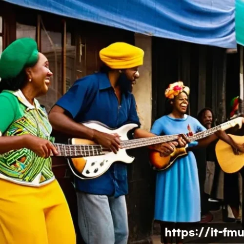 Home 32 레게 음악의 기원과 보브 말리의 영향 - A vibrant Jamaican street scene in the 1960s capturing the cultural roots of reggae music: lively pe...