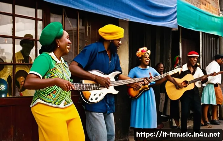 레게 음악의 기원과 보브 말리의 영향 - A vibrant Jamaican street scene in the 1960s capturing the cultural roots of reggae music: lively pe...