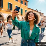 Home 19 히트곡의 바이럴 마케팅 성공 사례 - A vibrant scene of a young Italian influencer in stylish casual clothes dancing joyfully in a sunlit...