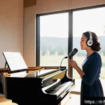 Home 18 아델의 Hello 녹음 당시의 뒷이야기 - A serene, isolated professional recording studio set in a quiet countryside environment, bathed in s...