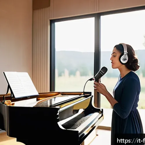 Home 30 아델의 Hello 녹음 당시의 뒷이야기 - A serene, isolated professional recording studio set in a quiet countryside environment, bathed in s...