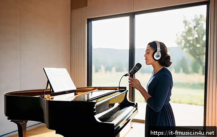 아델의 Hello 녹음 당시의 뒷이야기 - A serene, isolated professional recording studio set in a quiet countryside environment, bathed in s...